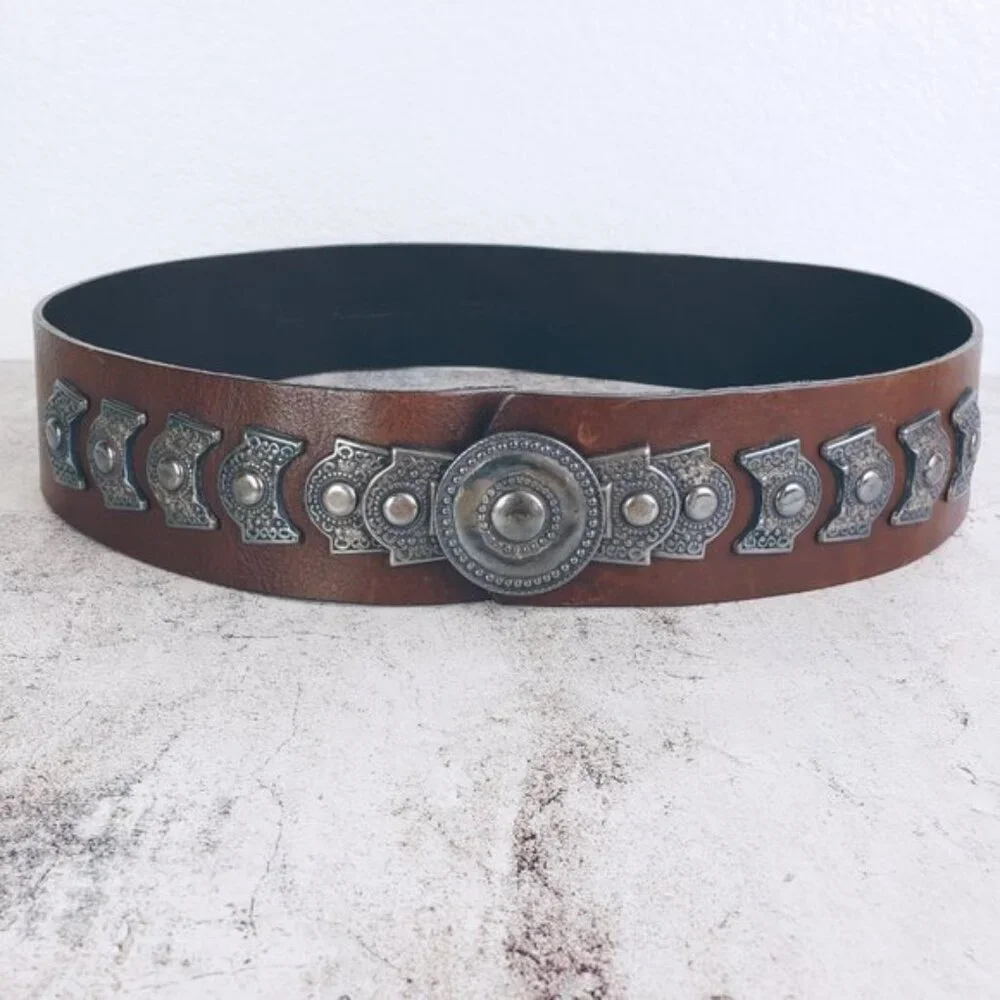 Vintage Avignon Brown Leather Embellished Metalwork Wide Belt size M Bohemian - Picture 2 of 10